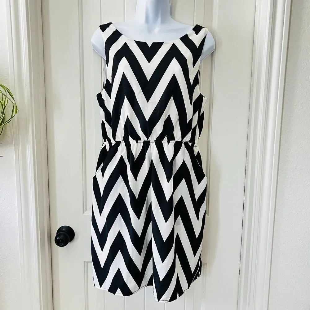 Everly Chevron Sleeveless Elastic Waist Black White Dress Large Lined Pockets - Picture 2 of 13